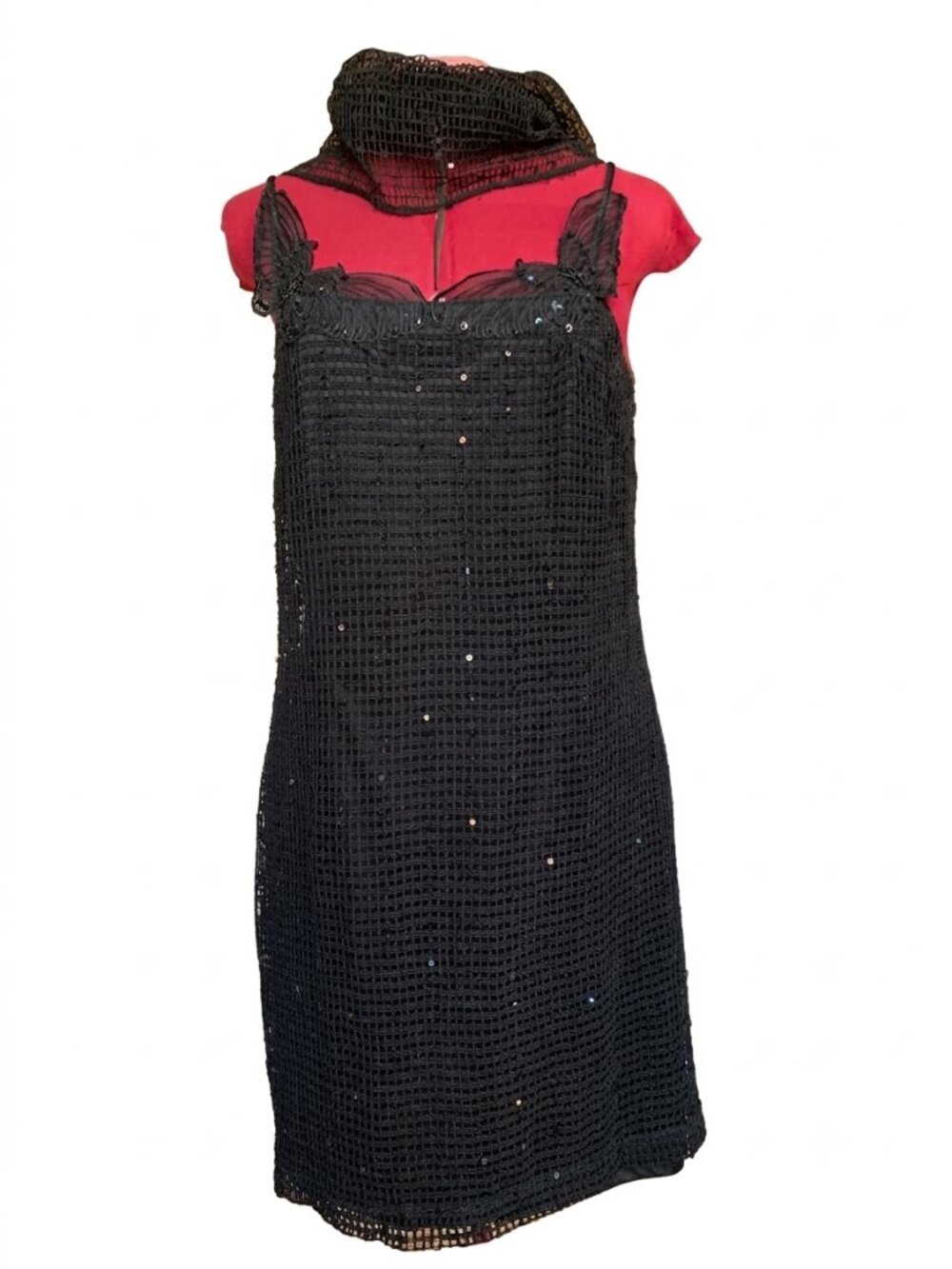Joseph Ribkoff Vintage Sequin Fishnet Overlay Dress with Matching Scarf  Size 16
